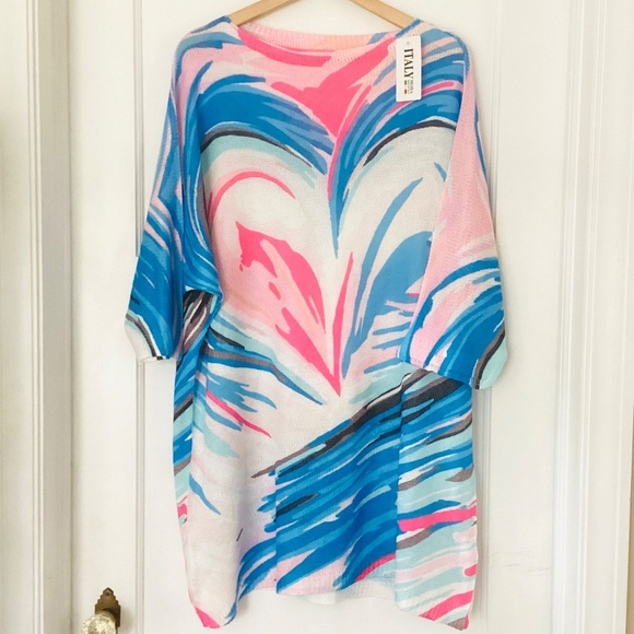 ITALY MODA sweater Dress XL Abstract Print Knit Tunic Mini Dress Dolman Sleeves - Picture 2 of 8